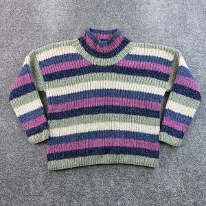 Vintage Purple Mountain Sweater Women's Medium Striped Wool Cotton Handknit